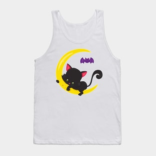 Halloween Cat, Cute Cat, Black Cat, Moon, Bat Tank Top